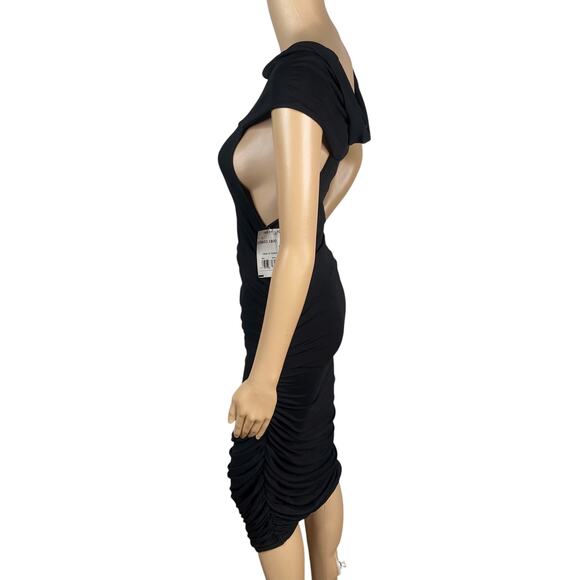 NWT Celine $925 Vtg Y2K Black Ruched Draped Back Avant Garde Midi Dress SZ L - Picture 4 of 8